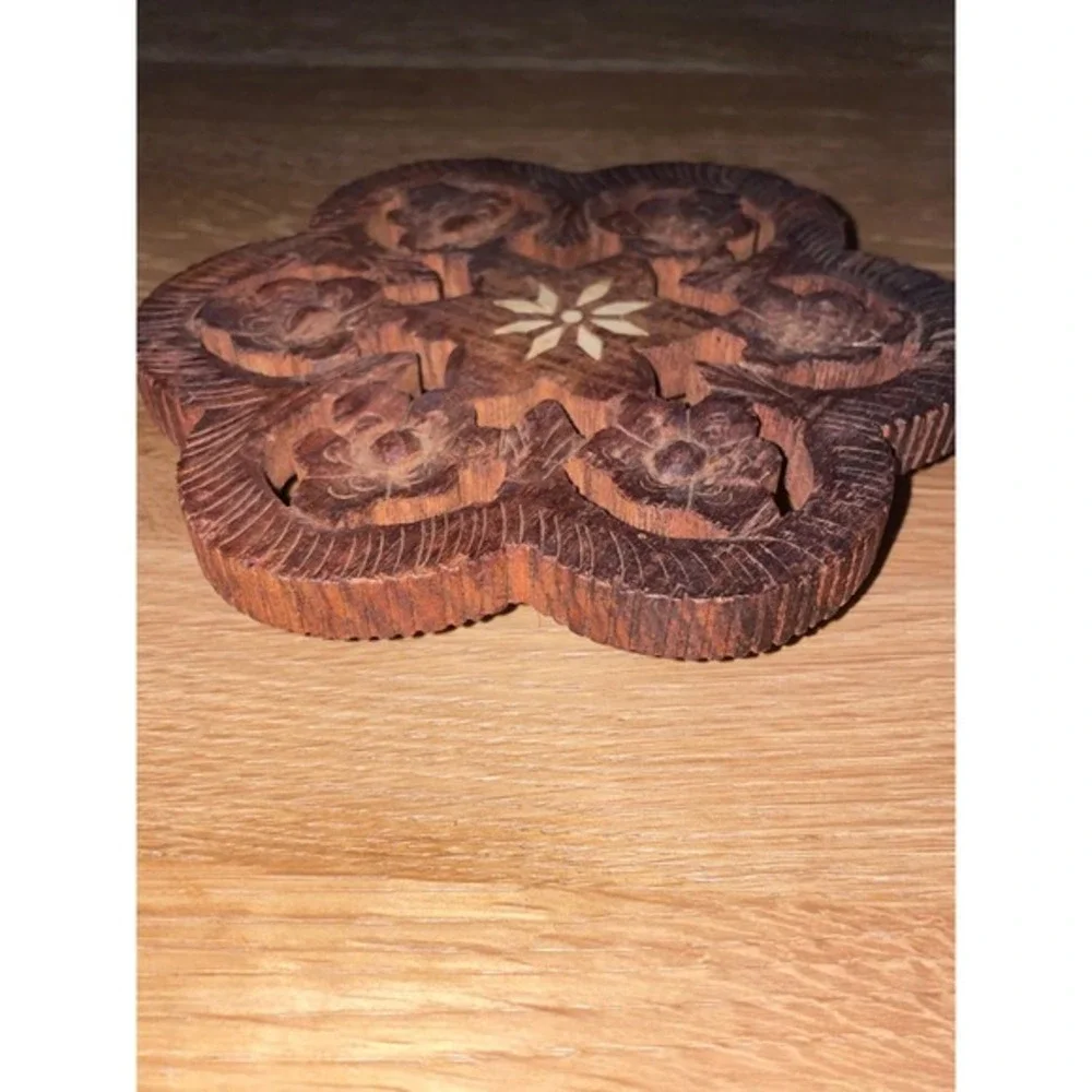 Vintage Hand Carved Wood Trivet Floral Inlay India‎ Boho Kitchen Decor